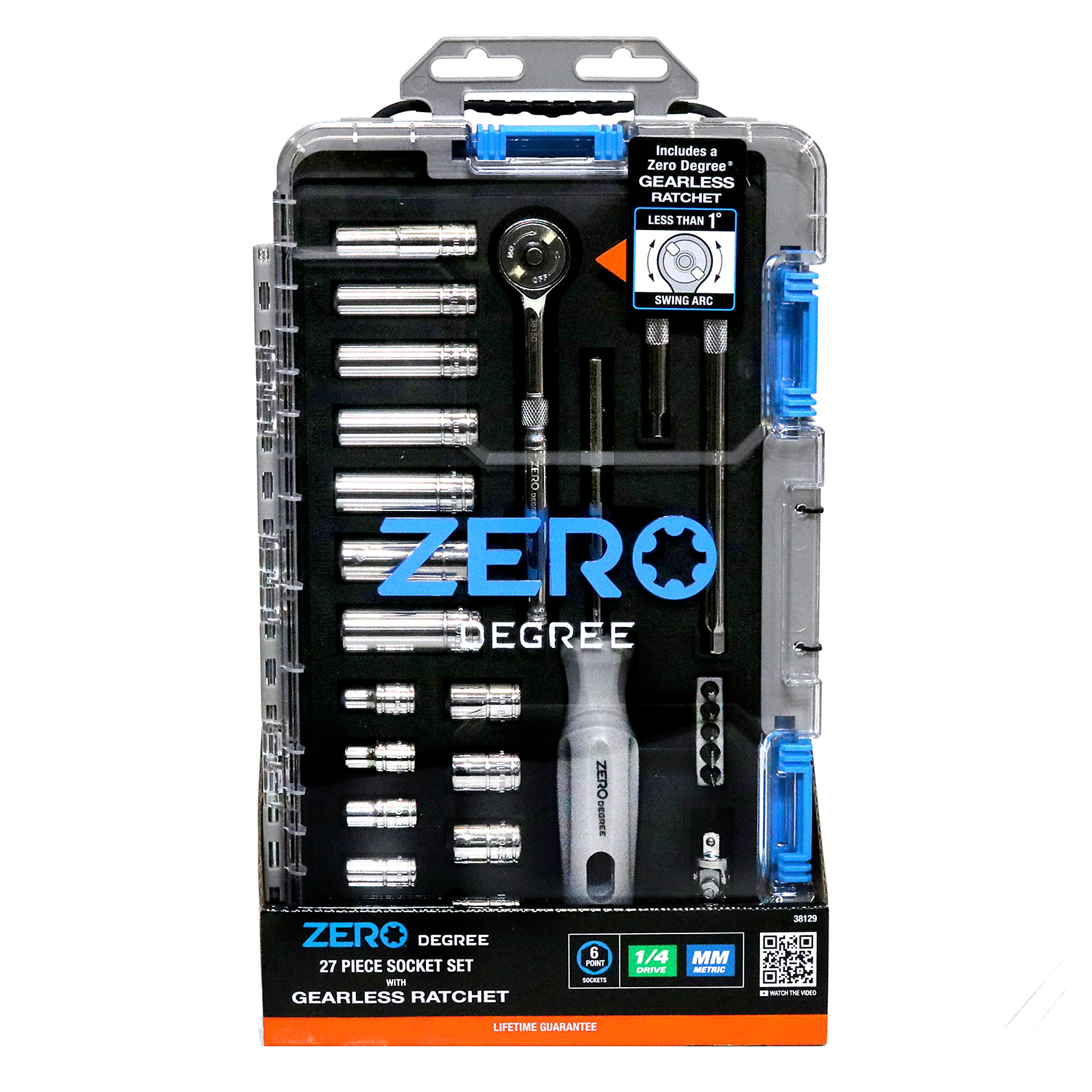 Zero Degree, 27 pc. 1/4" Drive Metric Mechanics Tool Set with Zero-Degree Gearless Ratchet, Model # 38129